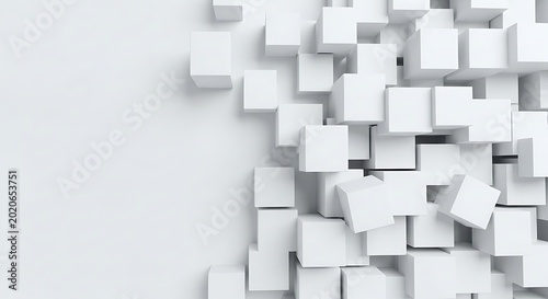 Abstract 3D background of scattered white cubes minimalist geometric pattern for technology and design concepts clean and modern