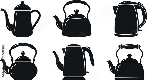 Photos Kettle and teapot black silhouette icon set with vintage stove top and electric