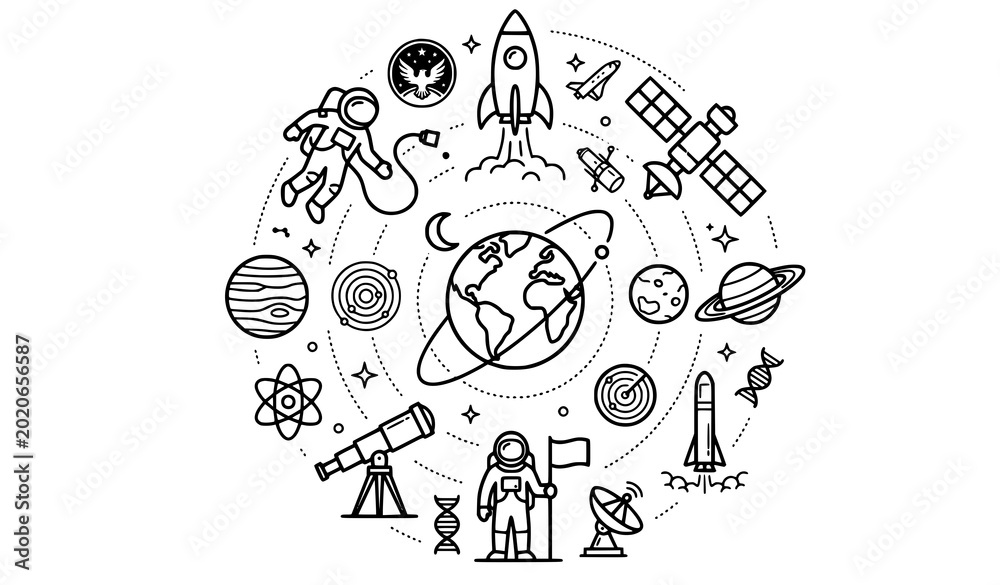 Obraz premium Modern astronaut and Solar System line icons with editable outline space vector design