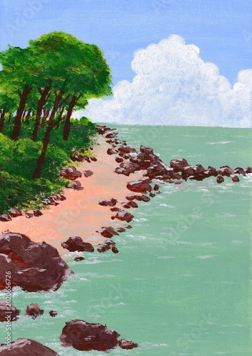 Acrylic Painting of Tropical Beach Coast. Coastal Acrylic Artwork with Rocks and Trees
