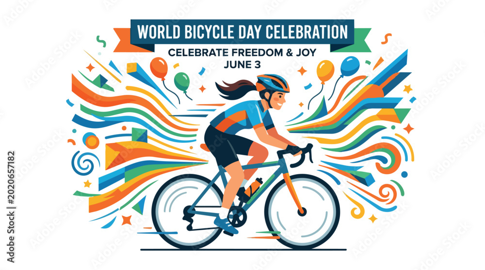 Fototapeta premium World Bicycle Day celebration with cyclist riding bicycle amidst colorful abstract motion graphic elements and balloons