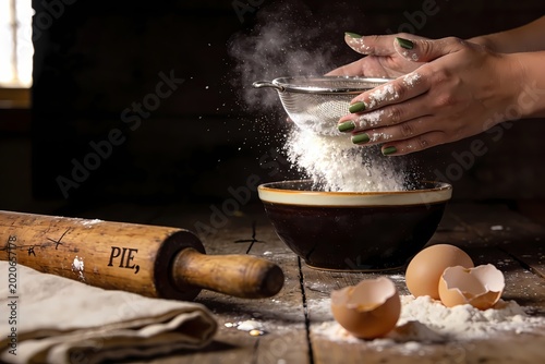 Artisan Baker Hands Sifting Flour Over Rustic Kitchen Table