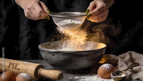 Artisan Baker Hands Sifting Flour Over Rustic Kitchen Table