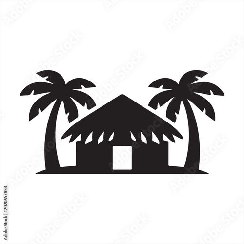 Black Beach Hut with Palm Trees Silhouette Icon for Tropical Vacation

