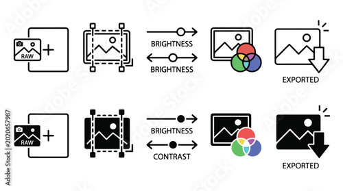 Foto Photo editing and post-processing icons set