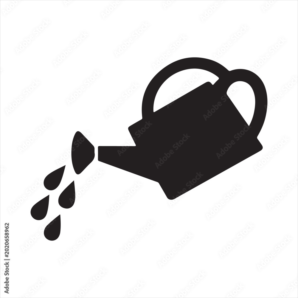 Φωτογραφία Black Watering Can Silhouette Icon Pouring Water Drops Vector