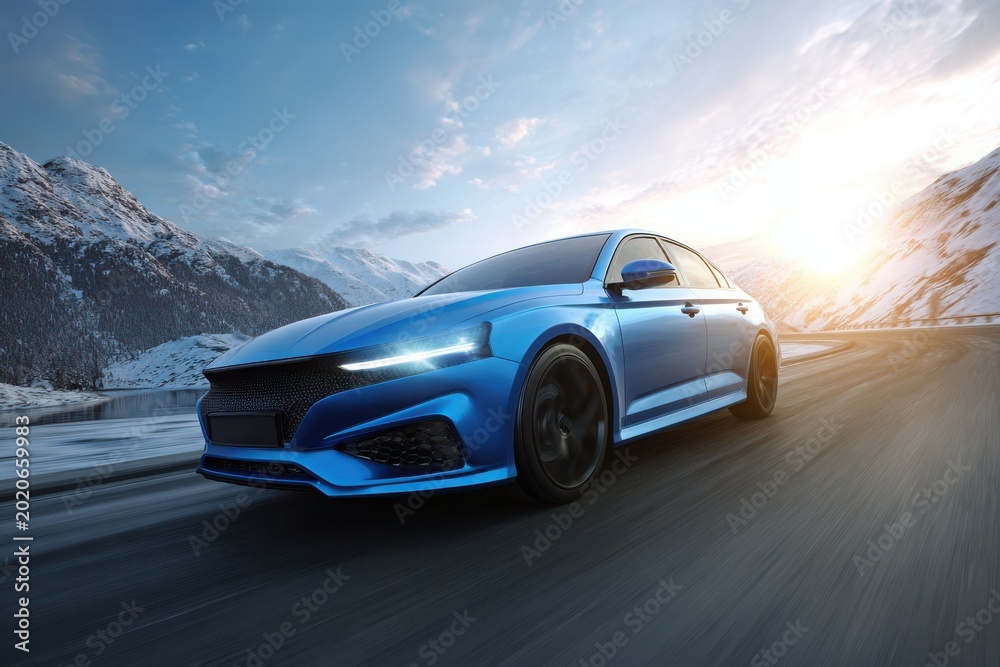 Naklejka premium Modern luxury sedan speeding along a smooth highway at sunset with motion blur, reflecting performance, elegance, and automotive travel.