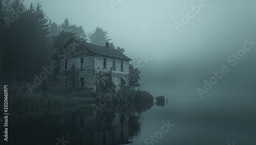 Eerie and atmospheric landscape of a rustic wooden house by a calm lake completely shrouded in thick morning fog and dense mist with water reflections