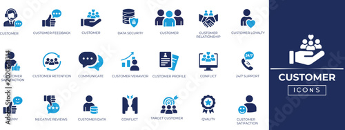 Customer icon set. Containing call center, communicate, crm, customer service, feedback, management and more. Solid icons collection.