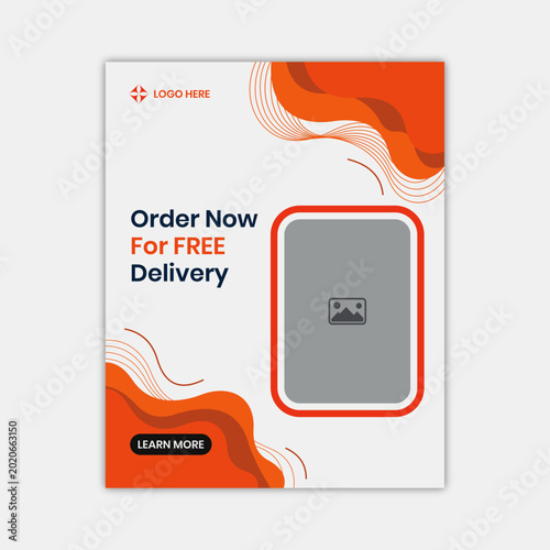 Tableau sur toile A vibrant social media ad template with a white background and orange accents, f