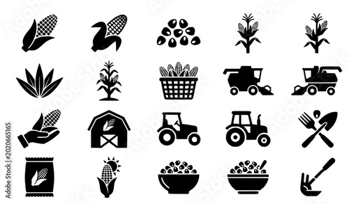Fotografie Agriculture and Corn Farming Icon Set Featuring Maize Cobs, Harvesters, Tractors