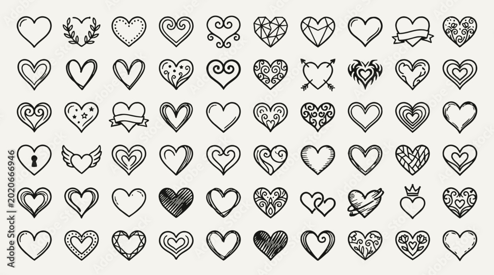 Fototapeta premium 40 Black and White Heart Icons, Vector Heart Symbols, Illustration Heart Shapes, Love Icon Set
