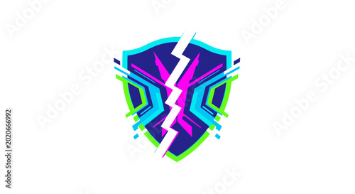 Abstract Cyber Shield Emblem with Glitch Effect and Neon Colors