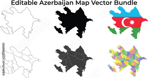 Photos Azerbaijan map bundle: outline, solid, flag, and regions