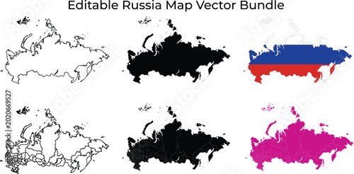 Fotografija Russia map bundle: outlines, black fill, flag colors, pink fill