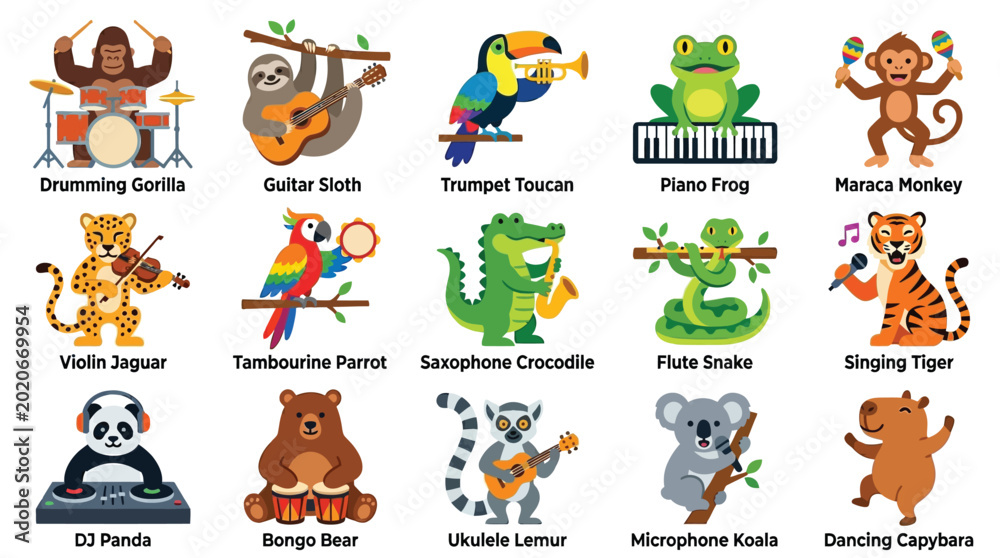 Fototapeta premium Collection of cartoon animals playing musical instruments and singing, representing a fun and lively orchestra.