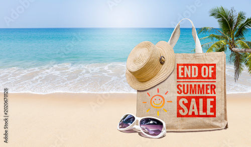 End of summer sale banner on jute bag over tropical beach background, summer season promotion