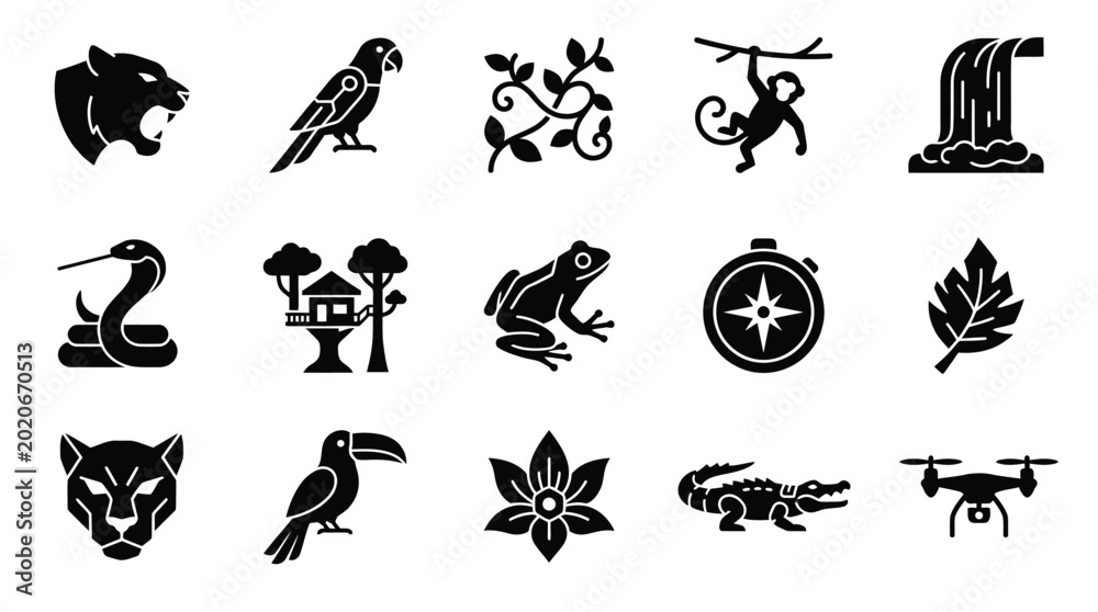 Fototapeta premium Collection of jungle and nature-themed icons including animals, plants, and environmental elements.