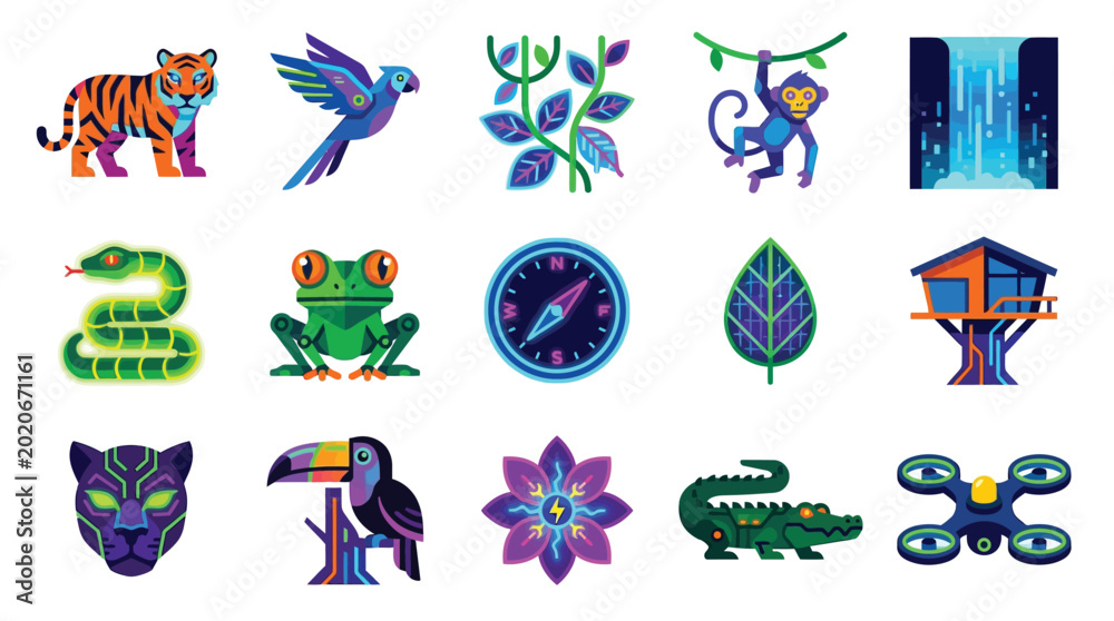 Fototapeta premium Collection of stylized jungle animals and elements, including a tiger, monkey, parrot, and toucan, set against a vibrant background.