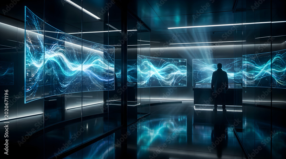 Naklejka premium Man standing in futuristic room with large screens displaying glowing blue data visualizations artificial intelligence big data