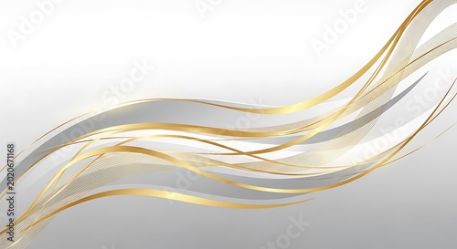 Elegant golden and silver flowing lines on a white and gray gradient background abstract wave pattern for luxury design and sophisticated branding