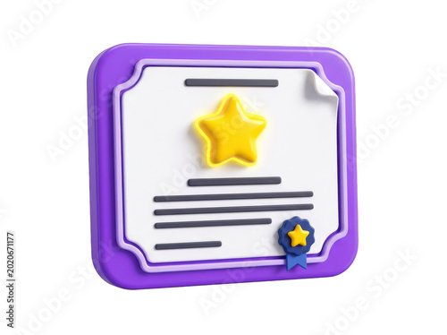 3d render of a purple award certificate icon with a star