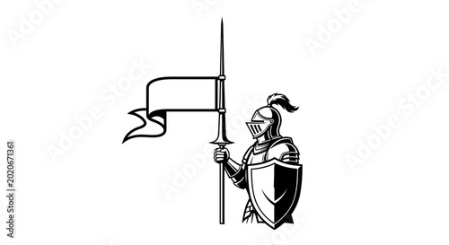 Fotografija Medieval Knight with Banner and Shield, Vintage Vector Illustration