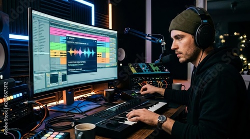 Music Producer in Studio Creating Tracks with Digital Audio Software