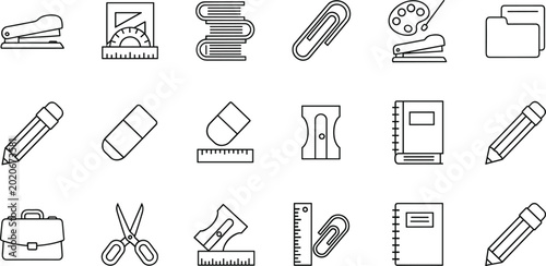 Fotografía School and Office Supplies Line Icon Set with Pencil Notebook Scissors Ruler and