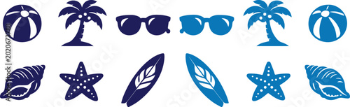 Foto Summer Beach Vacation Icons, a collection of 12 blue and navy vector graphics for tropical holidays and travel