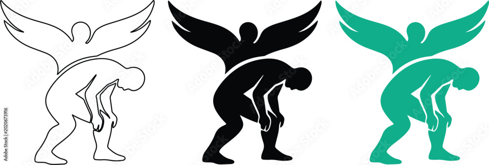 Fototapeta premium Supportive Angel Lifting Distressed Person, a Symbol of Help and Empathy. Black, White, and Teal Vector Graphic for Mental Health, Charity, and Spiritual Concepts.