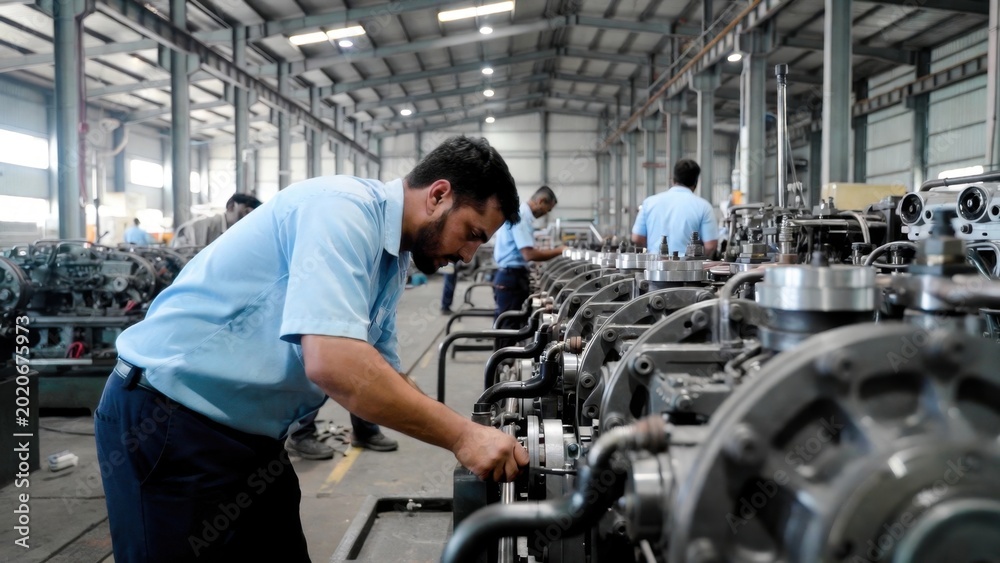 Fototapeta premium Factory worker assembling engines on industrial production line