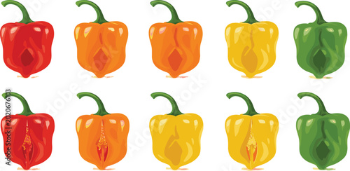 Foto Set of realistic flat vector illustrations of whole and halved habanero peppers in red, orange, yellow, and green, isolated on a white background