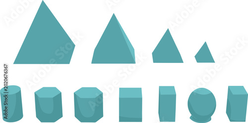 Set of teal-colored flat vector illustrations of 3D geometric shapes including pyramids, cubes, cylinders, and spheres isolated on a white background.