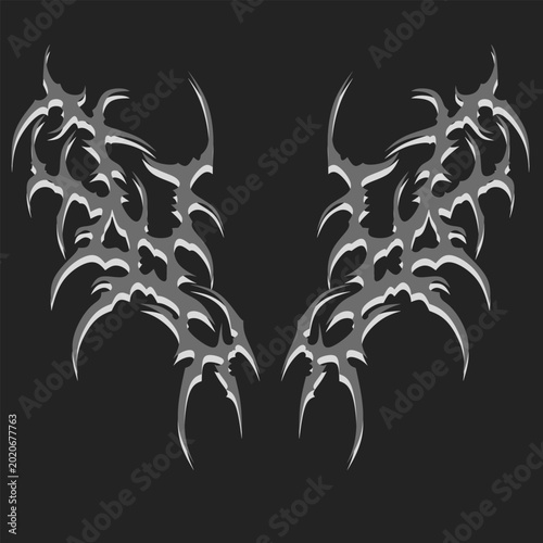 Symmetrical cyber tribal ornament with sharp thorn shapes in gothic metal style, perfect for tattoo and streetwear designs