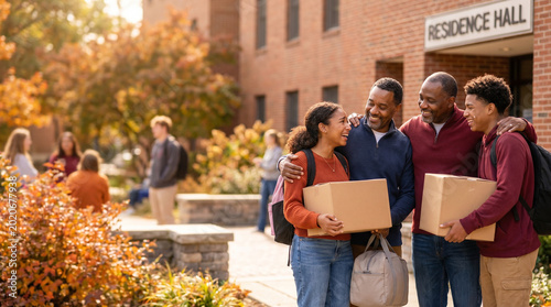 Family joyfully moving boxes into college dorms on a sunny autumn day, surrounded by colorful leaves and a brick residence hall backdrop