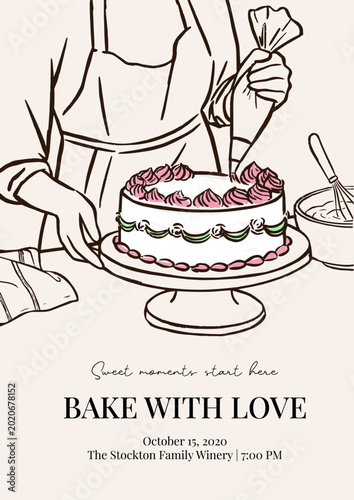 Hand Drawn Baking Poster with whipped cream Cake and Baker Illustration