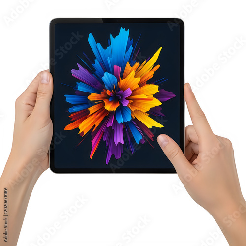 Person holding tablet showing colorful abstract digital art