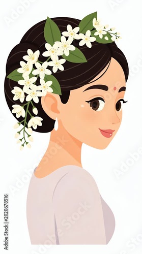 Illustration of a woman with a floral hairpiece and a light pink top turning to face the right against a white background