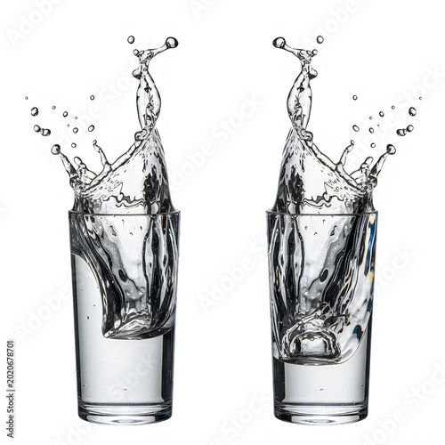 Two glasses with water splashing and dripping