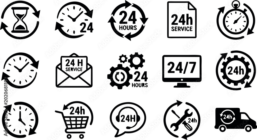 Εκτύπωση καμβά Set of twenty four hour customer service icons for around the clock business sup