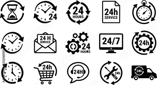 Photography Set of twenty four hour customer service icons for around the clock business sup