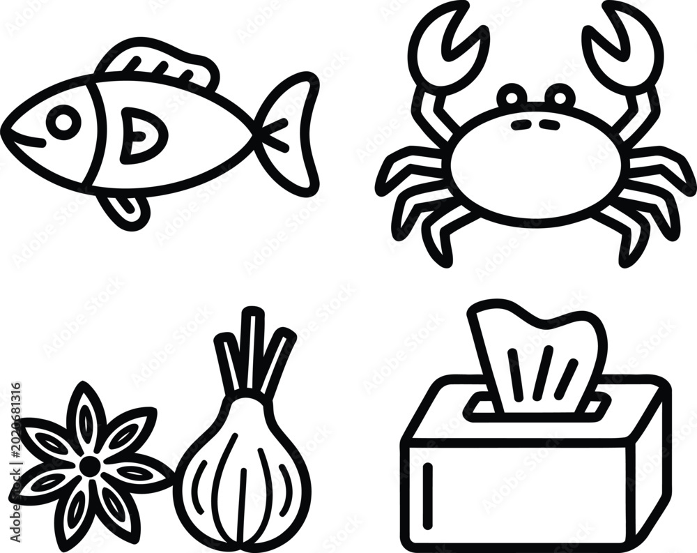 Fototapeta premium Black and white line art icons of fish crab onion flower and tissue box