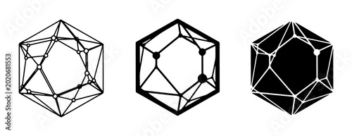 Photos Geometric Icosahedron Forms, Wireframe and Solid Black Icons, Abstract Polyhedra