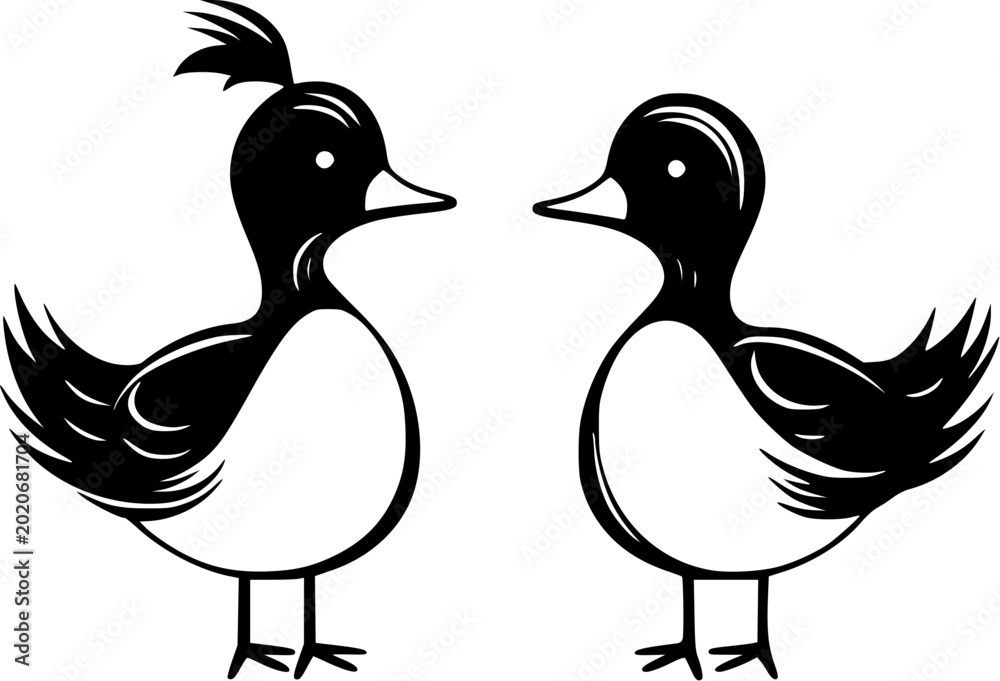 Ταπετσαρία Two Ducks Pair Facing Each Other Outline Black Line Art SVG Cute Birds Illustrat