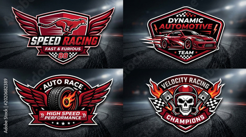 Canvastavla Set of Four Racing Car Emblems with Wings and Skulls.