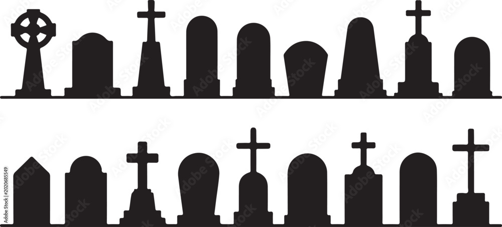 Fototapeta premium Set of gravestone silhouettes isolated on white background. Vector illustration