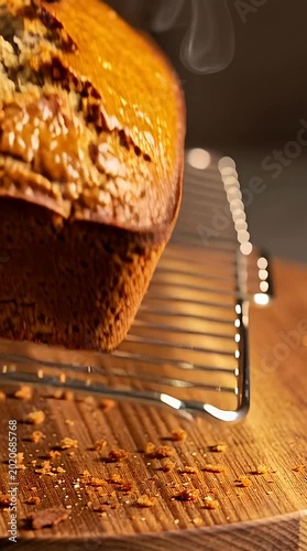Close-up of a loaf of bread on a wire rack with crumbs on a wooden cutting board with warm lighting.