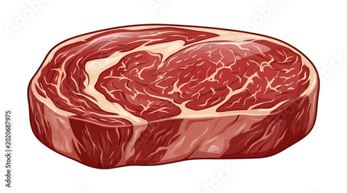 A raw ribeye steak with marbled fat, ready for cooking. High-quality beef cut illustration