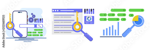 Fotografie Keyword analysis report and SEO research illustration set showing search engine ranking dominance, keyword research process, and SEO report with icons